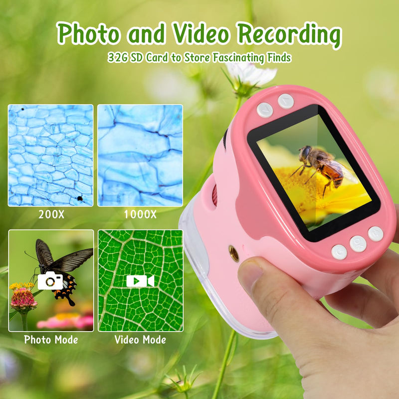 Handheld Digital Microscope for Kids with 2'' HD Screen, 200~1000X Pocket Microscope, Starter Kit with 6 Random Specimen Slides and 32G SD Card Included, Educational Gift for Children Age 6+ (Pink) Pink
