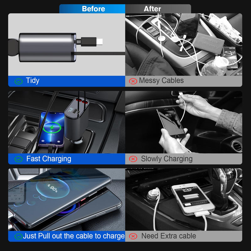 4 in 1 Retractable Car Charger, USB C Fast Charging Adapter[Max100W] with Lightning Cable&Dual Charge Port Compatible with iPhone 15/14/13/12/11 Pro Max Plus/iPad/AirPods,Galaxy,Google