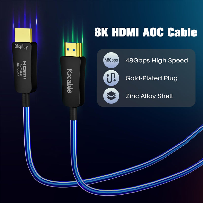 8K HDMI Fiber Optic Cable 150FT, HDMI 2.1 48Gbps Ultra High Speed Cord, 8K@60Hz, 4K@120Hz, 3D Dynamic HDR/eARC/HDCP 2.3, Compatible with Laptop/Monitor/Projector, PS5, Xbox, HDTV, Blu-ray & More