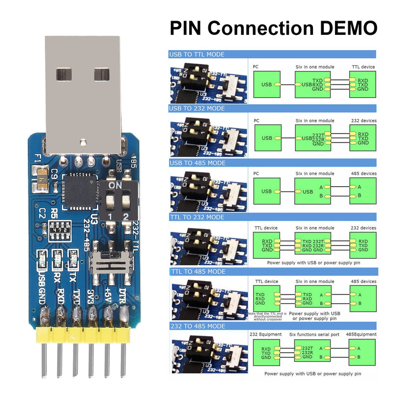 5Pcs USB-UART 6-in-1 Multifunctional Converter USB-TTL/RS485/232,TTL-RS232/485,232 to 485 Serial Adapter 3.3V / 5V Universal Adapter Module with CP2102