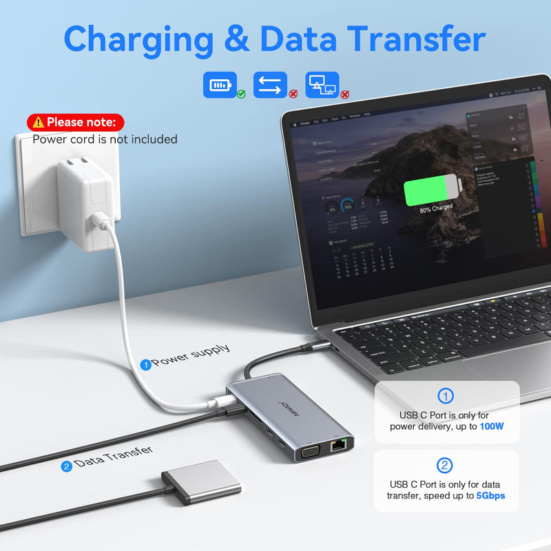 USB C Docking Station Dual Monitor Triple Display USBC Hub Multiple Adapter | USB C Dongle 14 in 1 Dock with 2 HDMI 4K+VGA+5 Port+100W PD Charger+Ethernet+SD/TF+Audio for Dell/HP/Lenovo/Surface Laptop Grey
