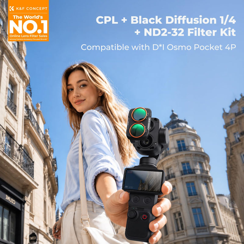 K&F CONCEPT 3-Pack Filter Kit Compatible with DJI Osmo Pocket 4P | CPL + Black Diffusion 1/4 + ND2-32 Filter Set with Snap-fit Mount, Ultra-Slim, Stowable, Versatile for Photography, FD172 CPL+Black Diffusion1/4+ND2-32