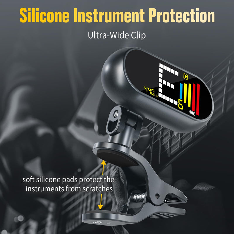 EX Professional Rechargeable Clip-On Guitar Tuner with LCD Screen - Chromatic Clip on Tuner for Acoustic Guitar, Bass Guitar, Ukulele, Violin & Chromatic Gray