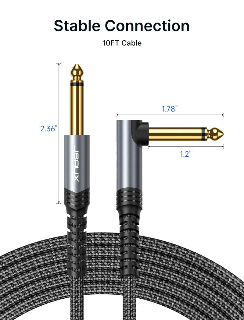 JSAUX 1/4 Inch Guitar Cable 10FT, Guitar Cord Compatible with Electric Guitar, Bass, Drums, Pedals, Amplifiers, Preamps, Mixers, Tuners, Speakers, Acoustic, Right Angle Guitar Cable Grey