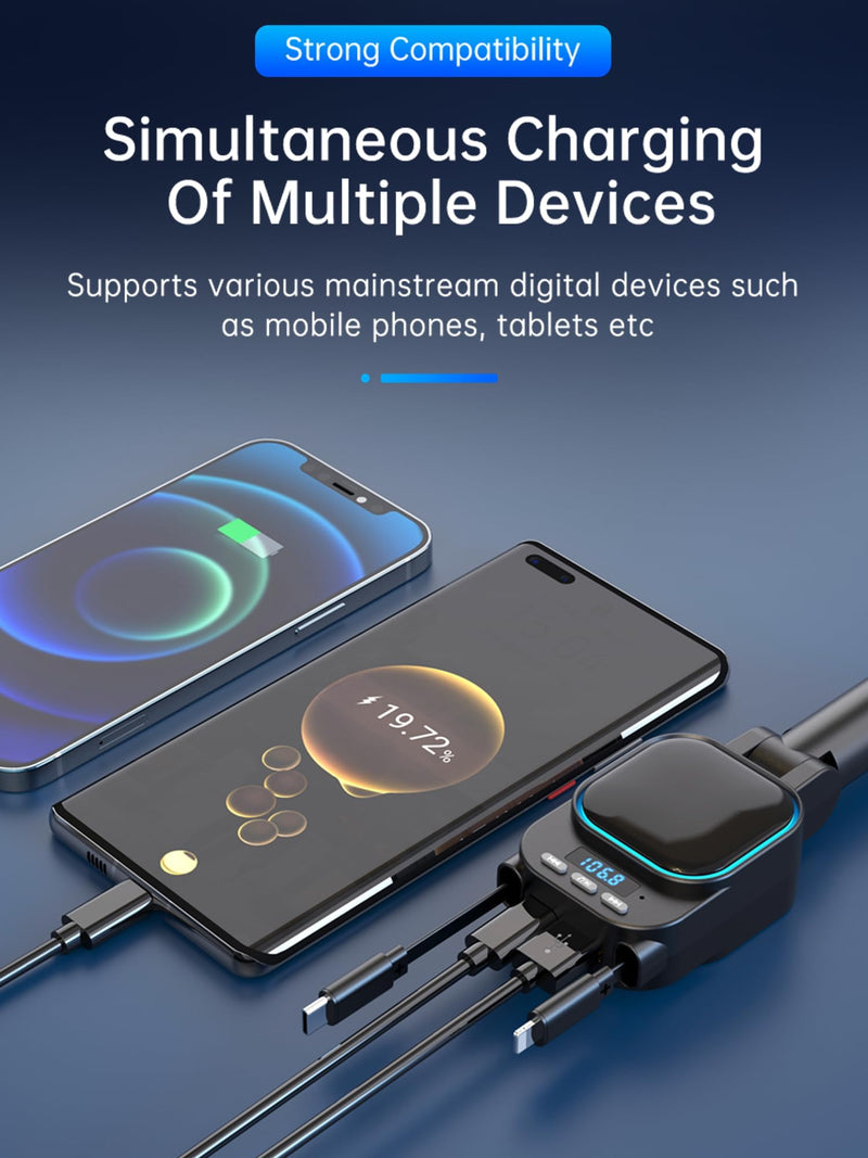 Retractable 96W Car Charger with Bluetooth 5.3 FM Transmitter for High Sound Quality, Easy Setup, 4-in-1 Fast Charging, Handsfree Calling, USB-C Adapter for iPhone 11-17