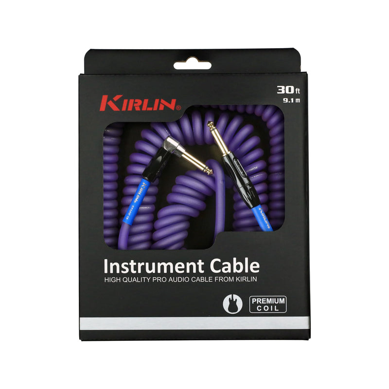 KIRLIN Cable Kirlin IMK-182BFGL-30/BLF-Straight to Right Angle ¼” Premium Coil Instrument Cable, Purple Translucent PVC Jacket-30ft, (IMK-182BFGL-30/BLF)