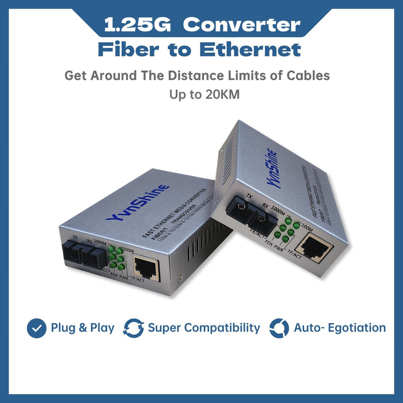 Gigabit SingleMode Fiber to Ethernet Media Converter, Dual SC Fiber, 1000Base-LX to 10/100/1000Base-Tx Gigabit SMF Fiber SC to Copper RJ45 Ethernet Converter, 20km, Pack of 2