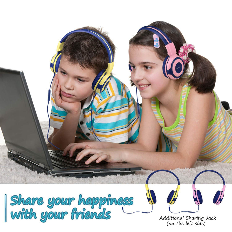 SIMOLIO Kids Headphones with Microphone for School, 75/85/94 dB Wired Headphones with Built-in MIC or Boom Mic for PC, Laptop, Gaming, Over Ear Pink Stereo Corded Headset for Girls, Children, Students