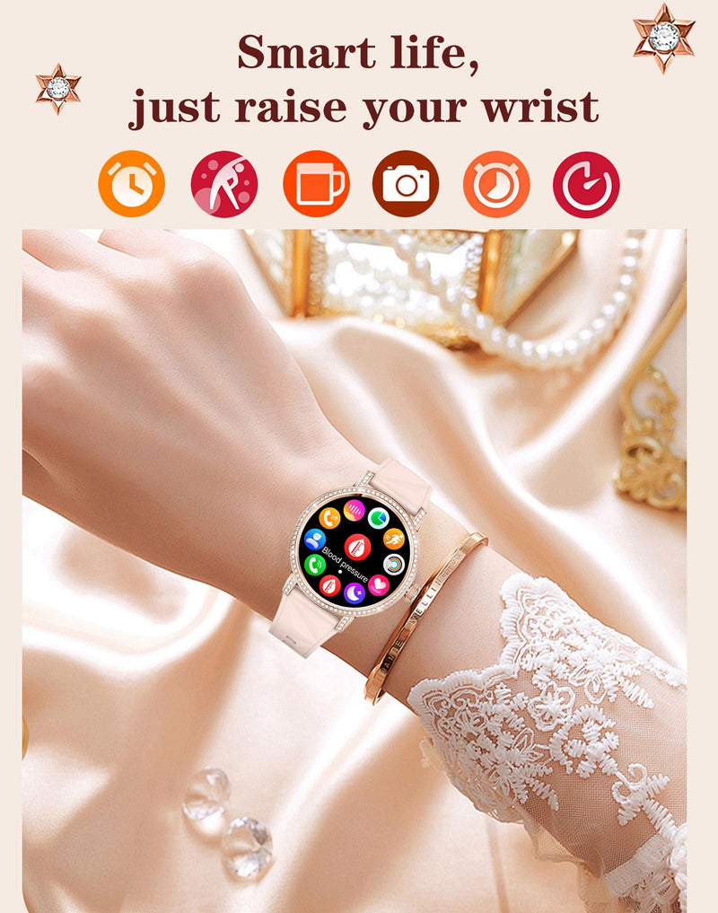 Diamond Smart Watch for Women Bluetooth Call 24/7 Blood Pressure Monitor Heart Rate&Sleep Tracker Fitness Activity Tracker Message Notifications Elegant Rhinestone Dress Smartwatch for IOS & Android Silver-Steel band