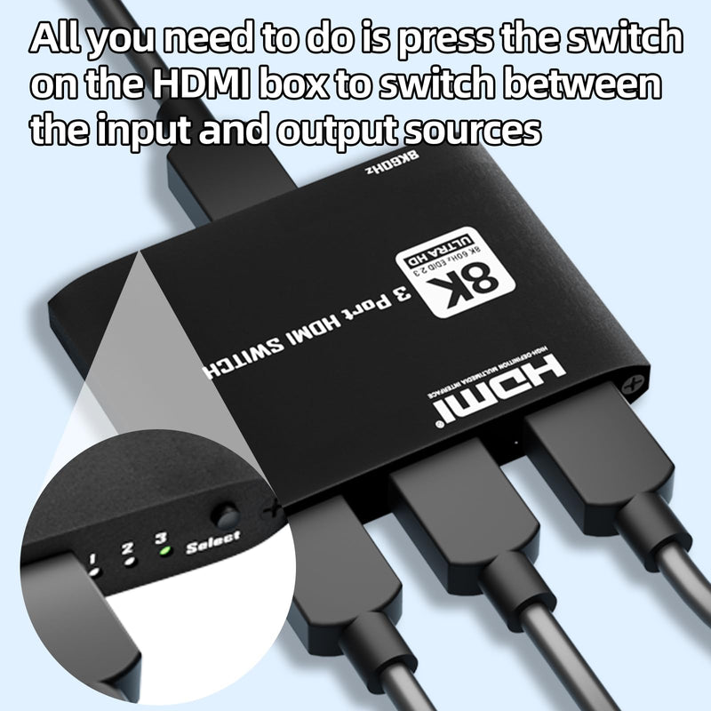 HDMI 2.1 Switch 3 in 1 Out 8k60Hz,3 Port HDMI Switcher 4K@144Hz, 48Gbps,VRR, Dynamic HDR, HDCP 2.3，for PS5/Xbox Series X/Apple TV 8K/Roku Ultra/Fire Stick 8K Max