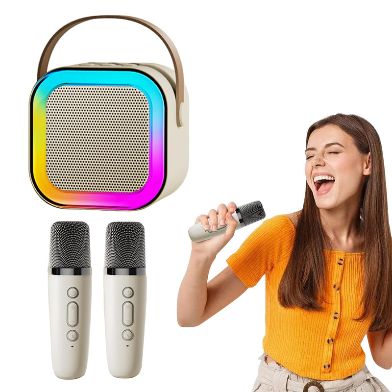 Pilarmuture Mini Karaoke Machine with 2 Wireless Microphones, Dual Noise Reduction, Voice Change with Multiple Modes, Bluetooth, White