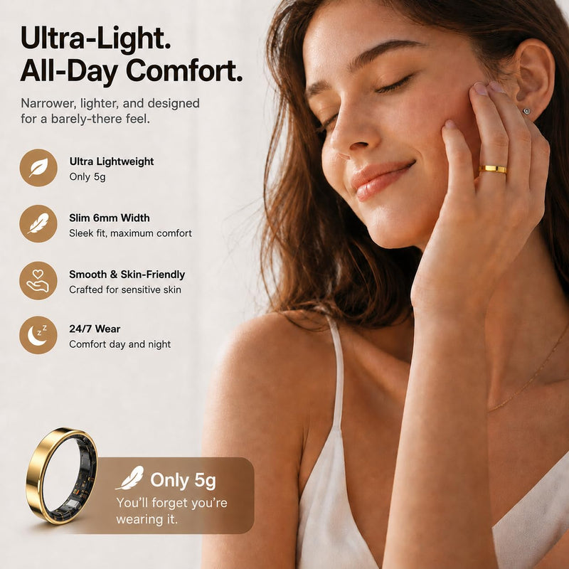 Smart Ring for Women Men, Ultra Thin Health Tracker Ring with Sleep Monitoring, Fitness Tracking, Heart Rate Sensor, Waterproof Wearable, No Subscription Fee, iOS & Android Compatible（Gold 11） Gold