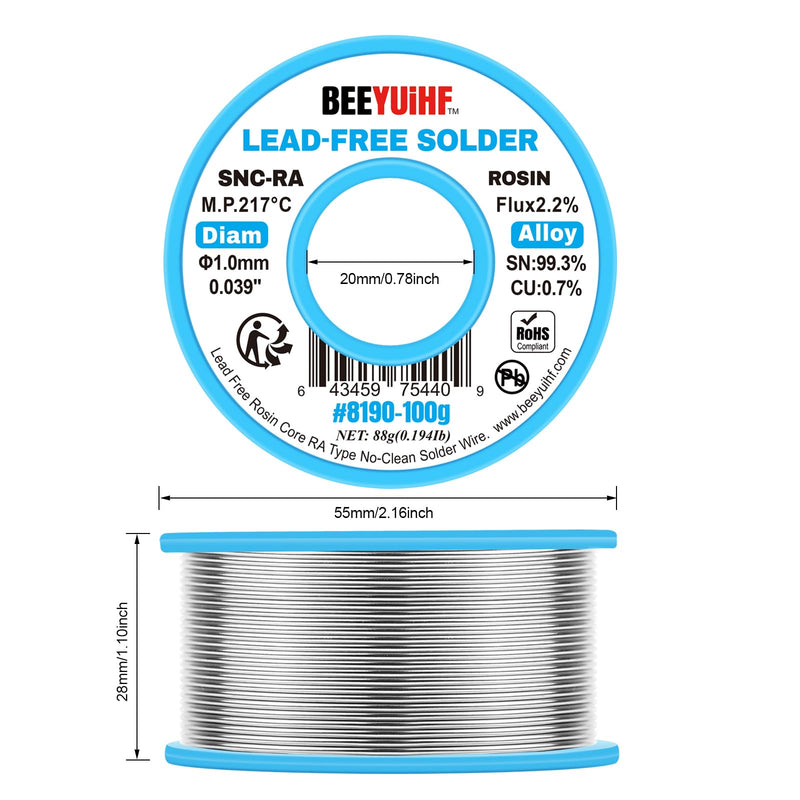 BEEYUIHF Solder Wire, Lead-Free, Sn99.3 Cu0.7 Solder with Flux, Electronic Solder Wire with Rosin Core (1.0 mm, 100 g)