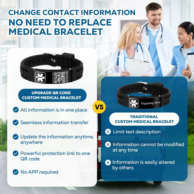 Medical Bracelets for Men Women with QR Code Medical Alert ID Bracelets for Sport Travel - Silicone Waterproof Wristband Fits Wrists Up to 8 inches - More Space Custom Emergency Medic ID Alert Information 9.45'' Folding Buckle - Black+Black