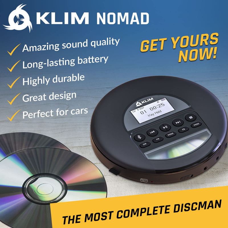 KLIM Nomad - New 2024 - Portable CD Player Walkman with Long-Lasting Battery - with Headphones - Radio FM - Compatible MP3 CD Player Portable - TF Card Radio FM Bluetooth - Ideal for Cars - Black