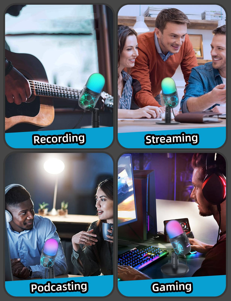 USB Microphone, Plug and Play Gaming Mic for PC, Mac, PS4/5, Podcast Microphone with RGB, Mute, Monitor, Noise Reduction, Volume Gain, Great for Recording, Streaming V5 Mic