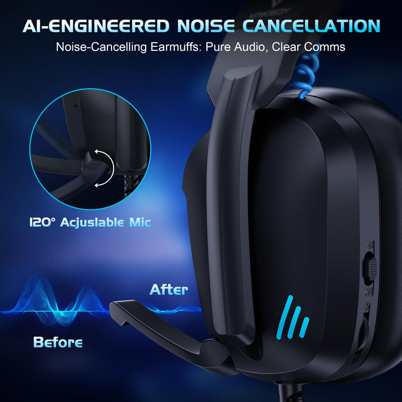 Vakedy Wired Gaming Headset for PC, PS5, PS4, Switch, Gaming Headphones with Noise Canceling Microphone,Computer Headsets with 3.5mm Audio Jack,Folding Design (Black/Blue) Black/Blue