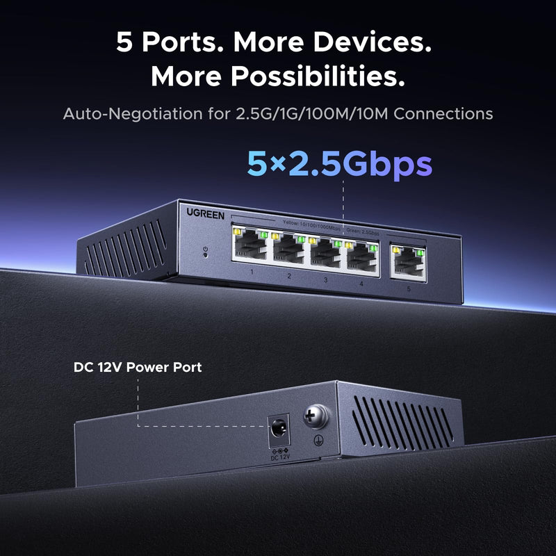 UGREEN 2.5Gb Switch, 5-Port Ethernet Switch, 5 x 2.5Gb Uplink, Metal Case | Plug & Play Unmanaged Ethernet Splitter, Desktop/Wall Mount Network Hub, Fanless Quiet with LED, for NAS, PC, Game Console 5 Port 2.5G Gray
