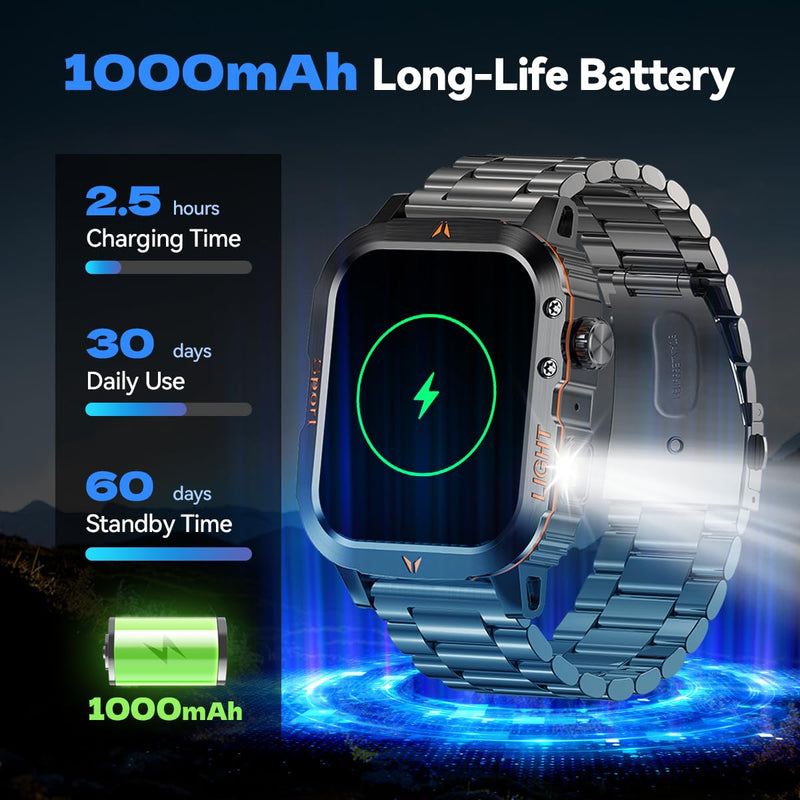 QTLLBT Men's Military Smart Watch 1500mAh Battery 30day IP68 Waterproof Suitable for Swimming Answer/Make Call Function Outdoor Tactical Smart Fitness Watch Heart Rate for Android & iOS Black Steelstrap