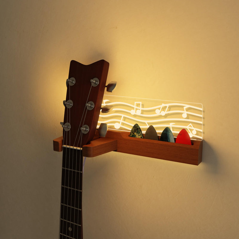 Guitar Wall Mount Stand with LED Lights - Solid Wood & Acrylic USB-Powered Guitar Accessories - Gift for Men, Guitar Players, Music Lovers (for Acoustic, Electric Bass, Ukulele) Warm yellow music note