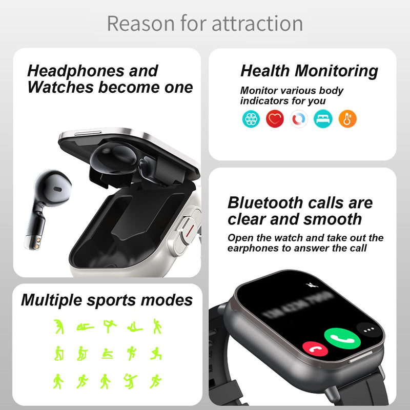 Smart Watch with Earbuds, 2.01" HD Screen Fitness Watch, 2 in 1 Smartwatch with 100+ Sport Modes Fitness Tracker, Sleep/Heart Rate/Monitor Pedometer for iOS & Android, Black