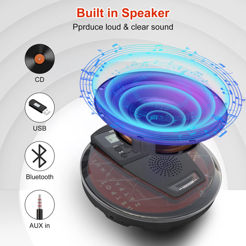 Rechargeable CD Player Portable with Bluetooth,Compact Anti-Skip Shockproof Walkman CD Player with Earphone, Stereo Speakers&LCD Display for Car/Home/Travel (AUX Output)