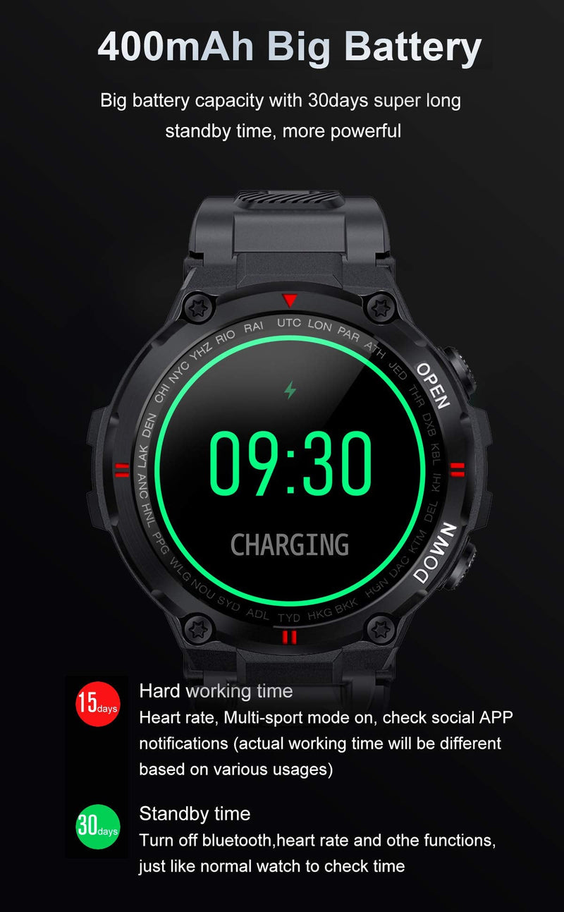 1.28" IPS Tactical Smart Watch for Men Activity Fitness Tracker with 400mAH Large Battery Outdoor Bluetooth Call Heart Rate Sleep Monitor Pedometer IP68 Waterproof Sport Watch for Android iOS k22-Army green