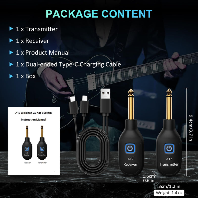 A12 Wireless Guitar Transmitter Receiver - 2.4GHz System, 24-bit 48KHz Audio, 100ft Range, No Latency, Rechargeable, Easy Pairing for Electric Guitar & Bass - Accessories (1TX+1RX) 1TX+1RX