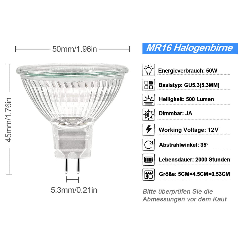 ETUOLMP Halogen MR16 Gu5.3 Halogen Light Bulb Dimmable 12 V 50 W Warm White 2700 K for Halogen Spotlight Installation Rail Lighting Pack of 6 MR16-50W