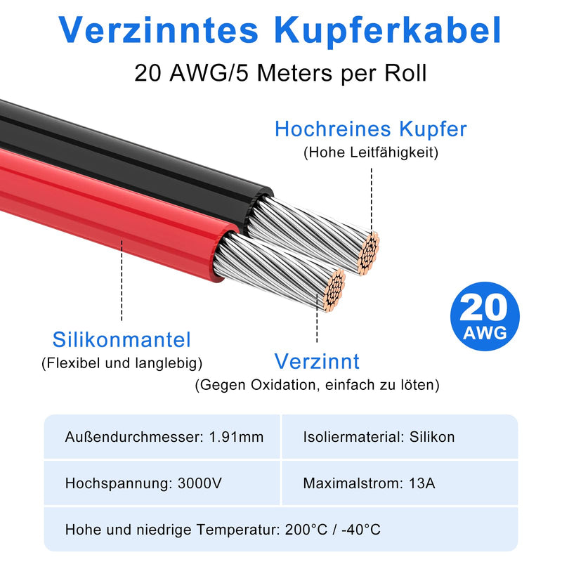 LightingWill 20 AWG 0.5 mm² Silicone Electric Cable Set in 8 Colours, 5 Metres per Roll Stranded Wire Cable, Flexible Tinned Copper Cable for DIY, Car, Home Installations and Power Cabling 5 Meter 20 AWG (0.5 mm²)