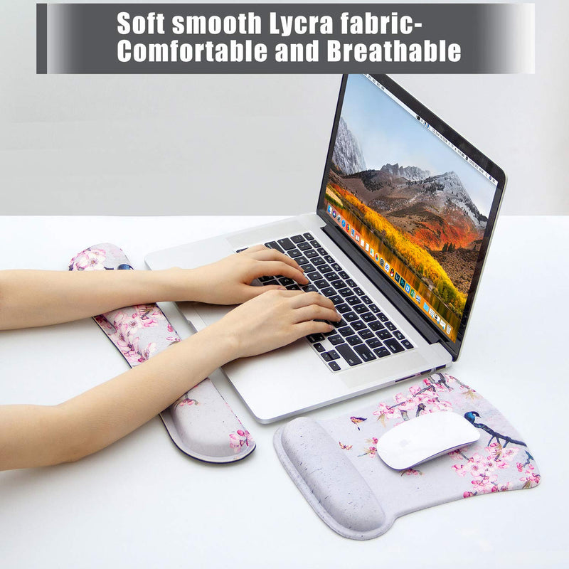 Ergonomic Keyboard Wrist Rest and Mouse Pad Wrist Rest Support Set,Comfortable & Lightweight Memory Foam Computer/Gaming/Office Wrist Set for Easy Typing & Pain Relief by AORTDES(Bird and Pink Flower) Kmwrp-19