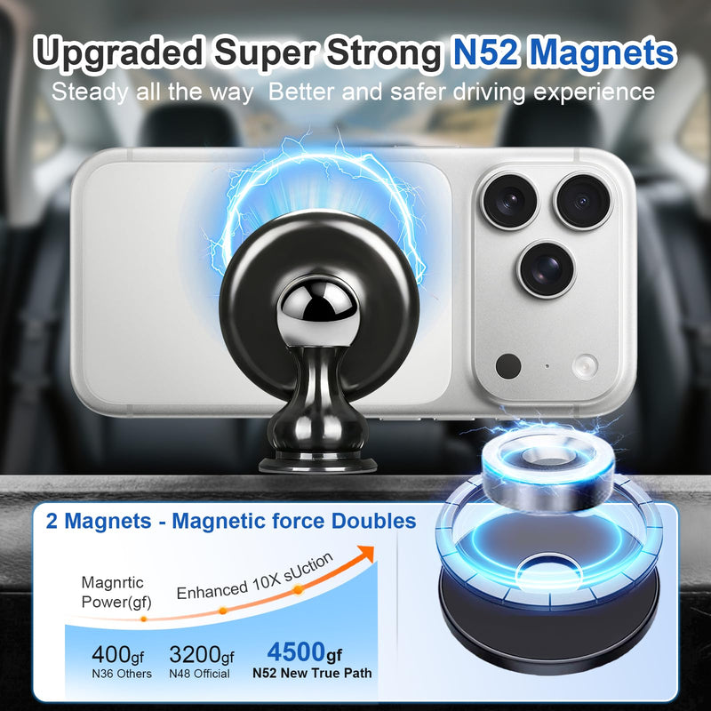 Ultra-Strong Magnetic Phone Holder for Car Dashboard MagSafe 360° Rotation Aluminum Alloy Metal Car Mount Compatible with iPhone 17 Pro Max/16 Smart Phone iPad Tablets Accessories(Black