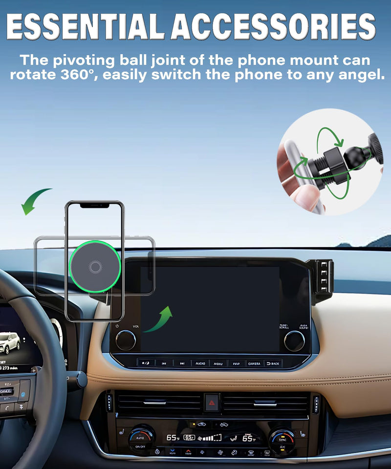 Car Phone Mount for Nissan Rogue 2021 2022 2023 9" Screen Accessories | MagSafe 15W Fast Wireless Charger Cell Phone Holder,360° Rotatable 3D Fit Navigation Clip-On Cradle,will Not Block Air Vents fit for 2021-2023 Nissan Rogue(9 Inch Screen)