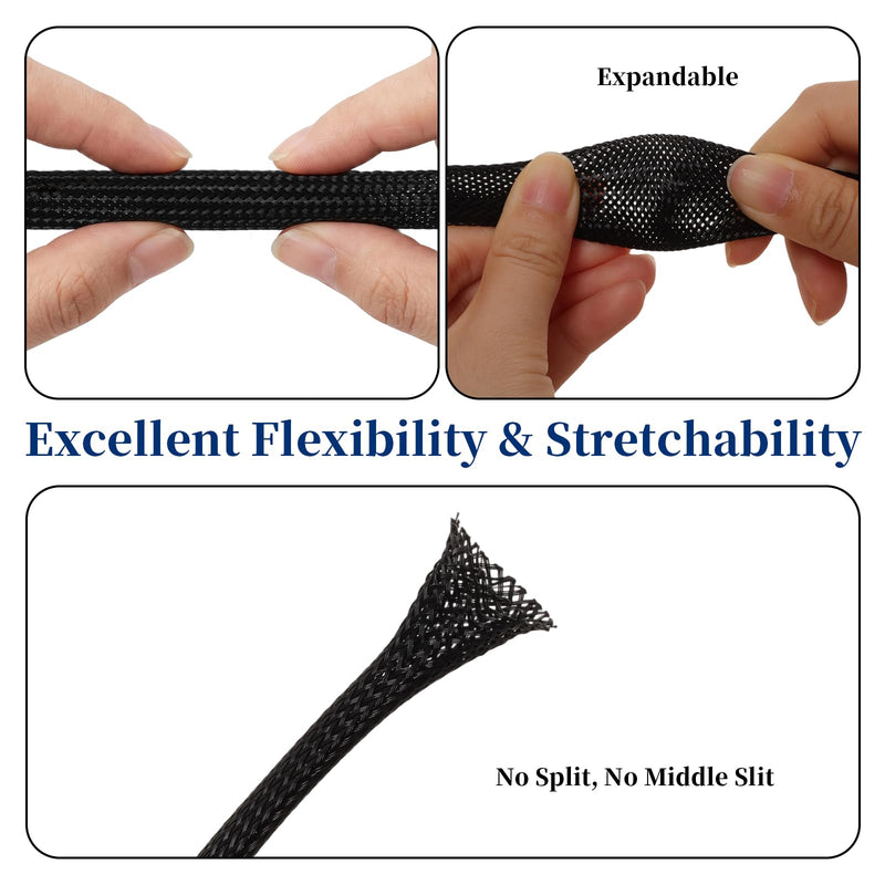26ft-1/2 inch Expandable Braided Cable Sleeving Black | Split Mesh Wire Loom Tubing, Split Sheathing Wrap Sleeve, Cable Management, For TV Computer Home Theater
