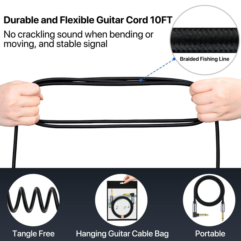 Guitar Cable 10FT, Electric Instrument Bass AMP Cord 1/4 Inch TS Guitar Cables with OFC-Graphene Hybrid Shield for Electric Mandolin, Pro Audio (Straight to Right Angle) Braided Black