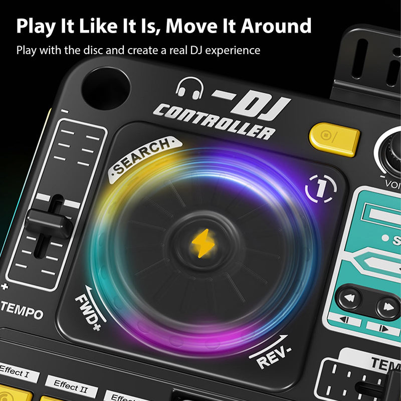 Kids DJ Controller DJ Mixer Table DJ Equipment with BT 5.0 Adjustable Microphone 8 Electronic Keyboard Buttons 3 Disc Sound Effects 12 MIDI Songs Light-Up Whack-A-Mole Game Black