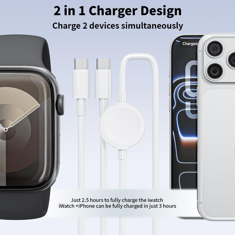 USB C Fast Charger for Apple Watch, 2 in 1 iPhone and iWatch Charger Cable | 2 in 1 USB C iWatch Fast Charging Cable and 20W USB C Block for Apple Watch Series 11/10/9/8/7/6/5/SE/Ultra,iPhone 17/16/15