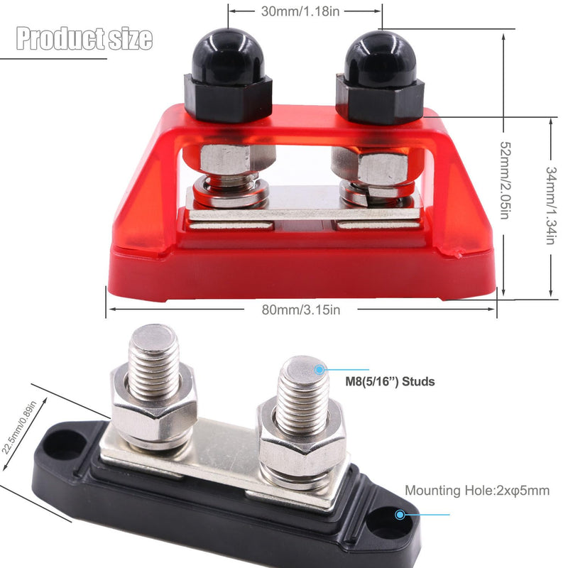 Bus Bar 12V-48V DC 250A Busbars Battery Distribution Block with Dual 5/16" (M8) Posts Terminals Block, 250 Amp Powerbar with Cover Positive & Ground for Car RV Solar Boat, Red& Black 2 Pack Dual 5/16" Posts Terminal with Cover