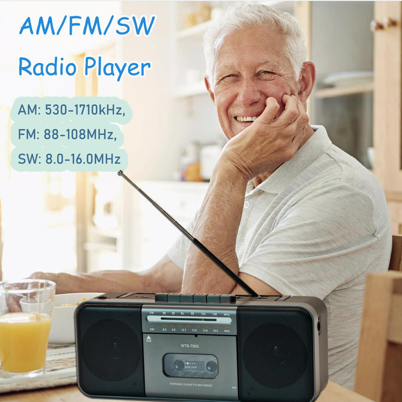 Portable Cassette Tape Player Recorder,AM/FM/SW Radio Stereo with Bluetooth,USB/SD, Big 10W Speaker,Record to Cassette/U Disk/SD Card via Mic, MP3 Converter, Earphone Jack,AC/DC Powered Black
