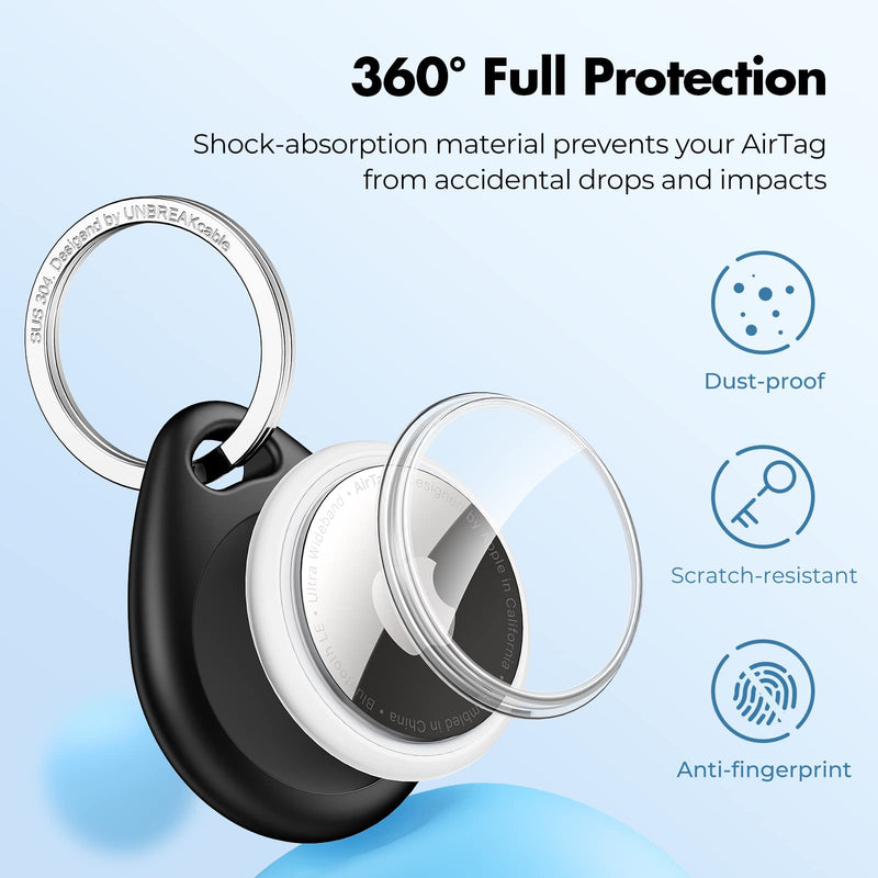 UNBREAKcable Apple AirTag Holder - 4 Pack [Fit Tightly Design] [Easy to Install] [Hold Air Tag Securely] Waterproof TPU Shell Protective Case with 304 Stainless Steel Keychain Key Ring Black&Blue&Orange&Green