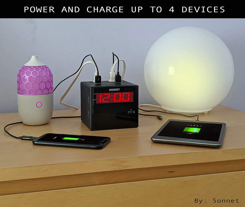 Sonnet Alarm Clock Charging Station, AM FM Radio, Dual USB Charging Ports, Dual AC Outlets, Very Loud Alarm Clock for Heavy Sleepers and The Hearing Impaired for Desk, Bedroom R1414-NO BLUETOOTH