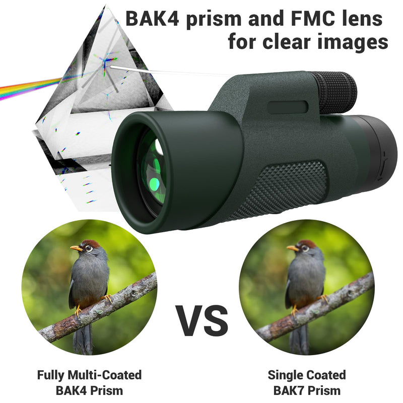 12x50 Monocular Telescope for Adults, High Powered Monoculars Compact Scope Portable Handheld Telescope with BAK-4 Prism FMC Lens for Bird Watching Hiking Camping Hunting Travel 12x50 Green