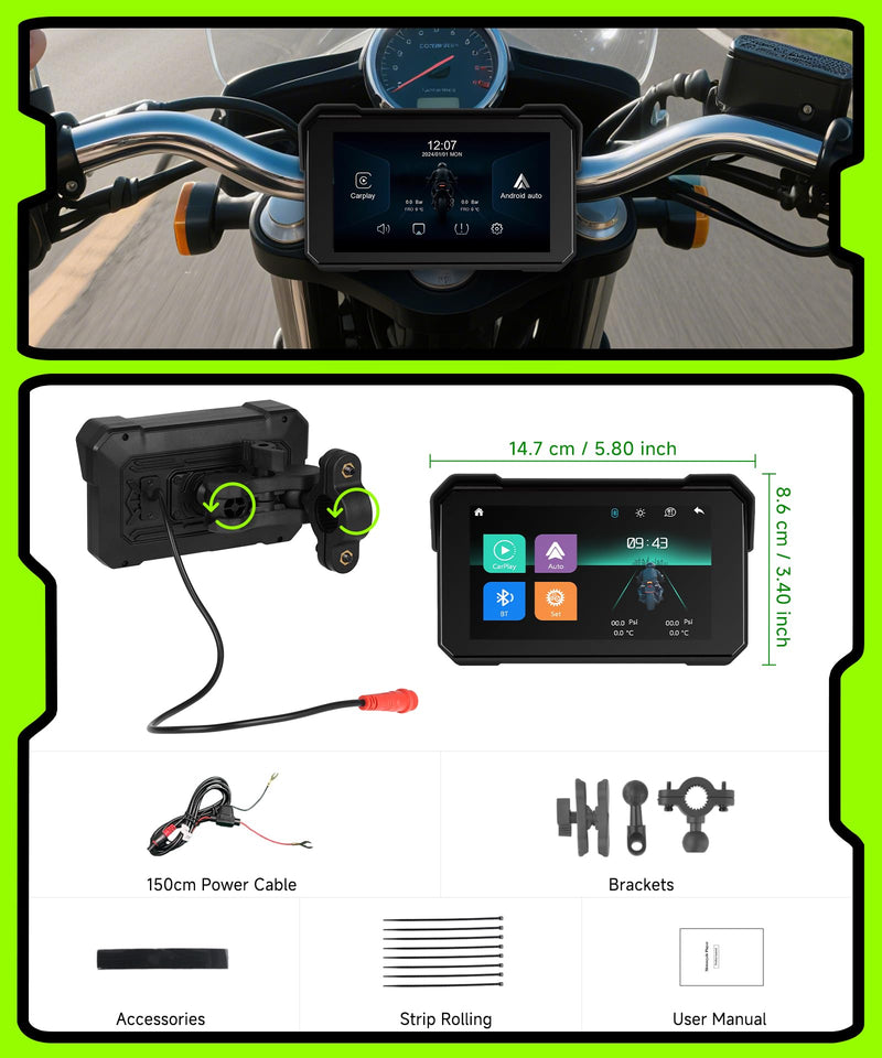 Motorcycle CarPlay Screen 5 inch Portable Wireless Carplay Android Auto for Motorbike Waterproof Touchscreen, Supports GPS Navigation, Bluetooth, IP68 Waterproof for Motorbike
