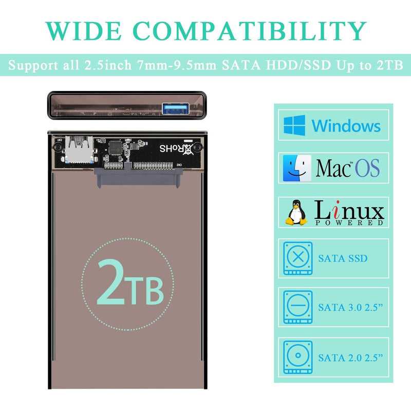 Tccmebius External Hard Drive Enclosure Adapter USB 3.0 to SATA HDD Case Housing for 2.5 Inch 9.5mm 7mm SATA III HDD SSD Up to 2TB, Tool-Free, Support UASP & Automatic Sleep Function (TCC-S9)