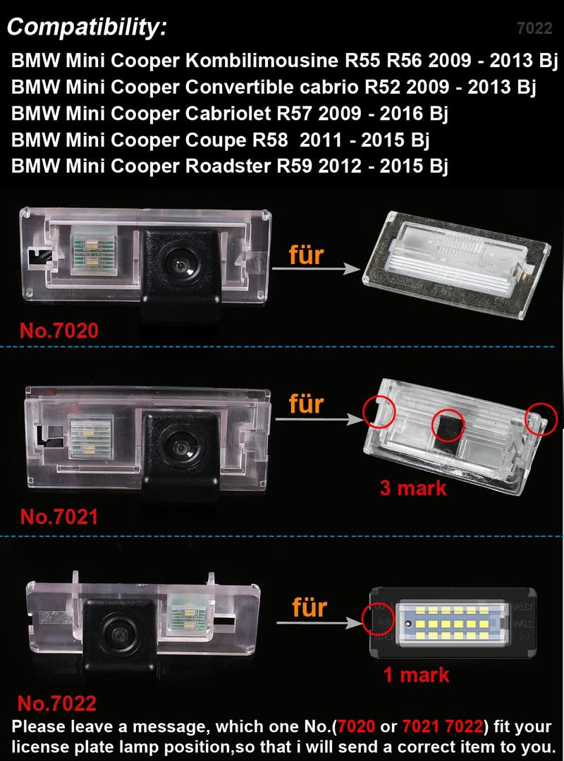 Waterproof Car Rear View Backup License Plate Light Camera Night Vision for BMW Mini Cooper Kombilimousine R55 R56/Convertible Cabrio R52/Cabriolet R57/Coupe R58/Roadster R59 7022=73*31mm