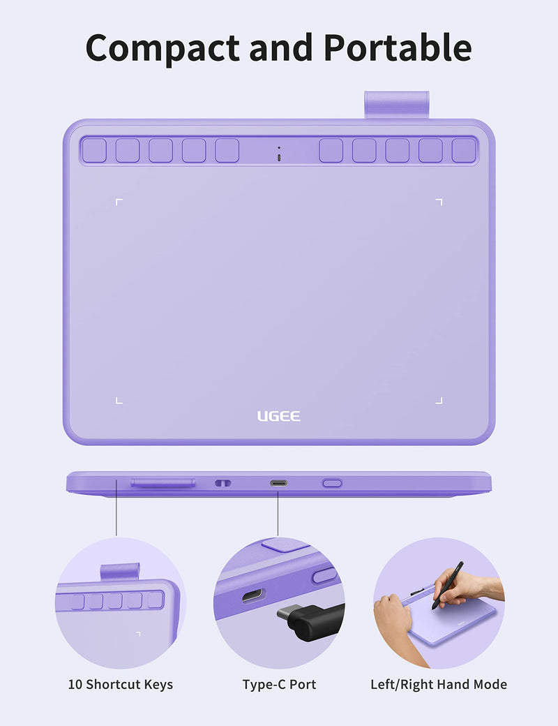 Ugee Drawing Tablet 6.5x4 Inches Computer Graphics Tablets with 10 Hot Keys，Digital Tablet Battery-Free Stylus 8192 Pressure Sensitivity 60°Tilt Function Drawing Pad for PC,Mac,Windows,Android-Purple S640-Purple