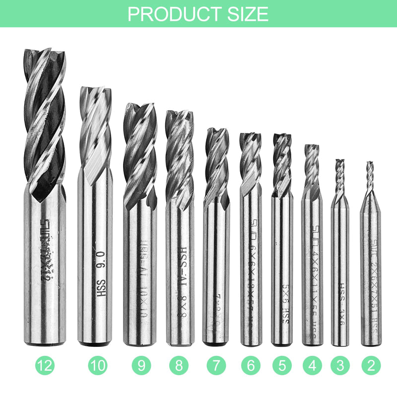Riloventa 10 Pieces 4 Flute End Mill Cutter High Speed Steel CNC Router Bit Straight Shank Drill Bits CNC Router Bits Groove Cutter Metal with Storage Box for 2/3/4/5/6/7/8/9/10/12mm