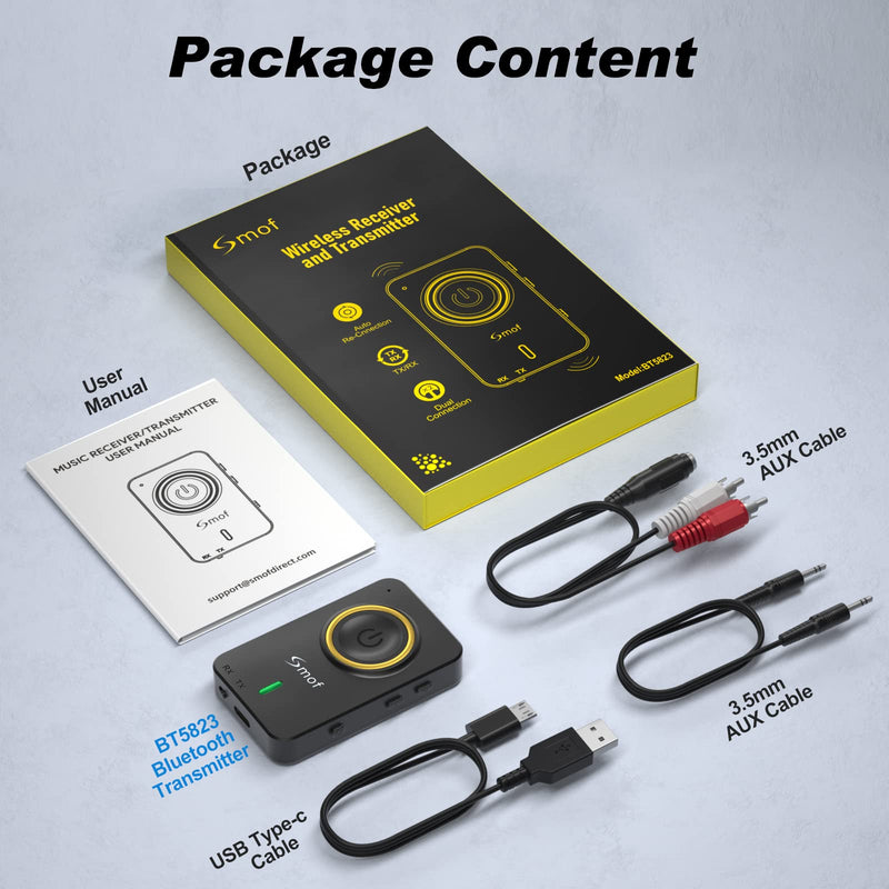 [AUSTRALIA] - Smof Bluetooth Transmitter for TV, Bluetooth Receiver for Car Speaker, 2-in-1 Wireless 3.5mm Bluetooth Aux Adapter with Built-in Mic and Battery, Dual Link, aptX Low Latency (Black) 