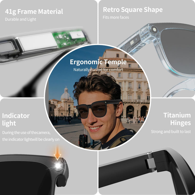Smart Glasses with Camera, 8MP HD Anti-Shake Camera Glasses, 1080P Video Recording Dual Mic Sunglasses, Real Time Translation, Built-in ChatGPT Voice Assistant, Open-Ear Audio for Travel&Outdoor