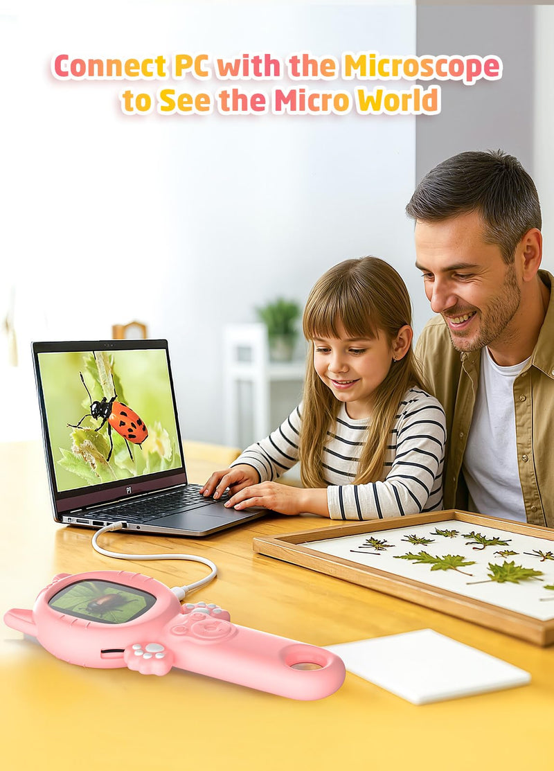 [AUSTRALIA] - 2-in-1 Microscope Camera for Kids, Mini Handheld Microscope Supporting Multiple Viewing Angles, Outdoor Educational Science Adventure Toys, Birthday Gifts for 3-10 Years Old Girls, Pink Cat 